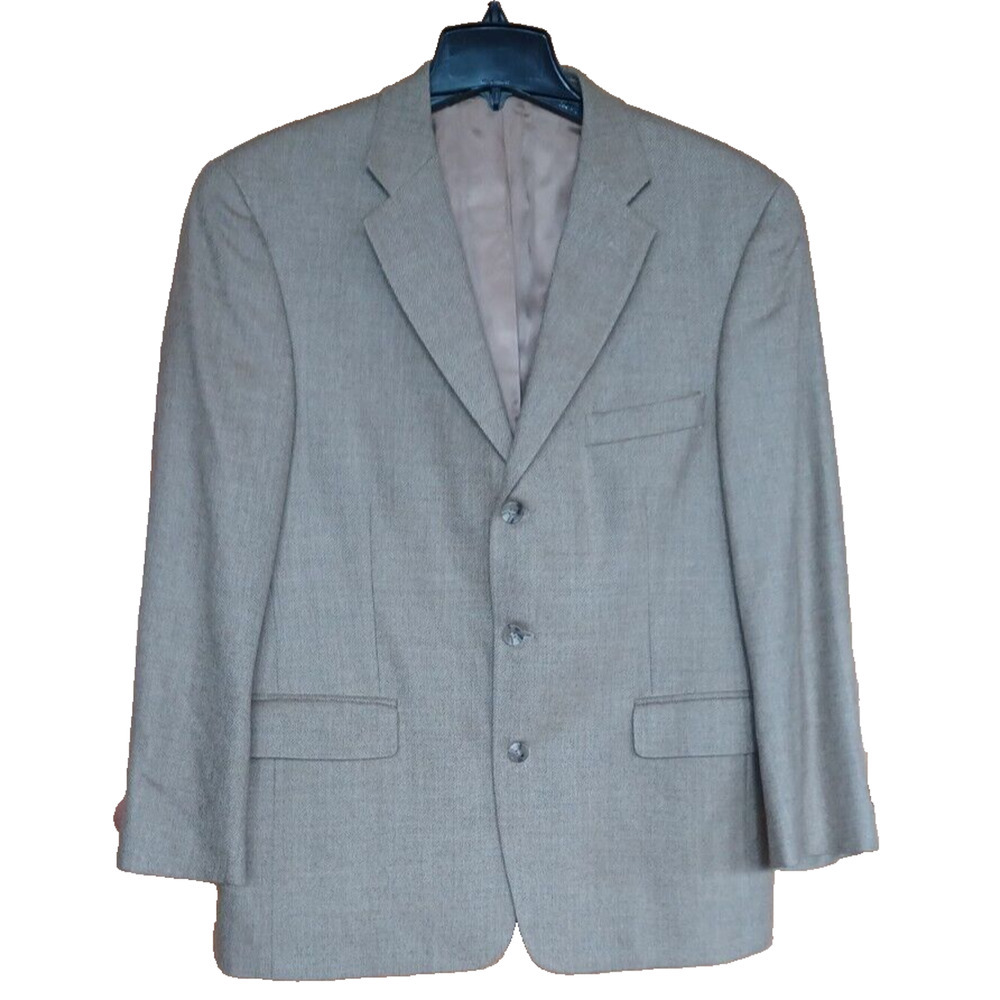 STAFFORD Men's XL Wool 3 Button Blazer Beige Herringbone Lined Office Dress coat
